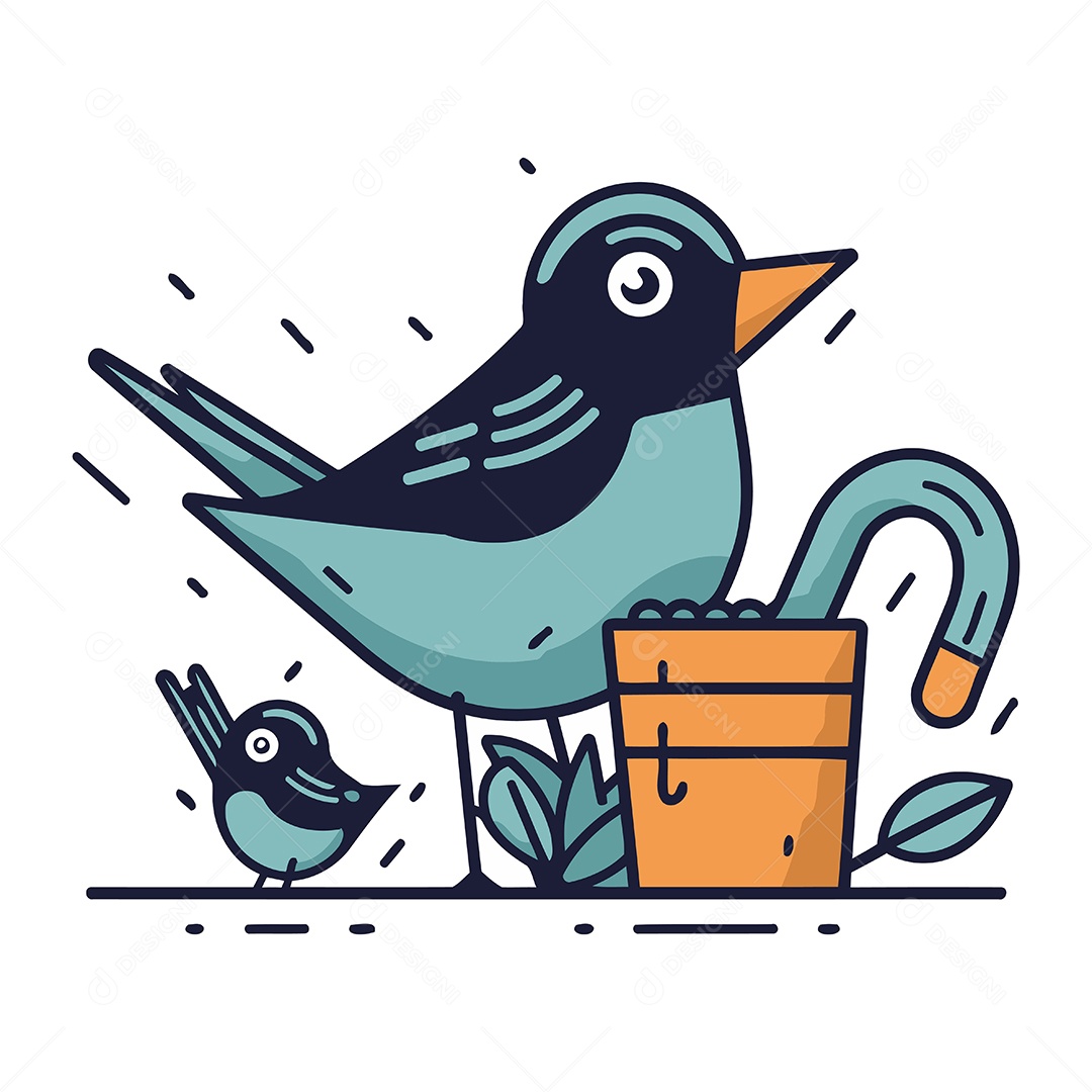 Pássaros de Desenho Animado com um Balde Ilustração Vetor EPS