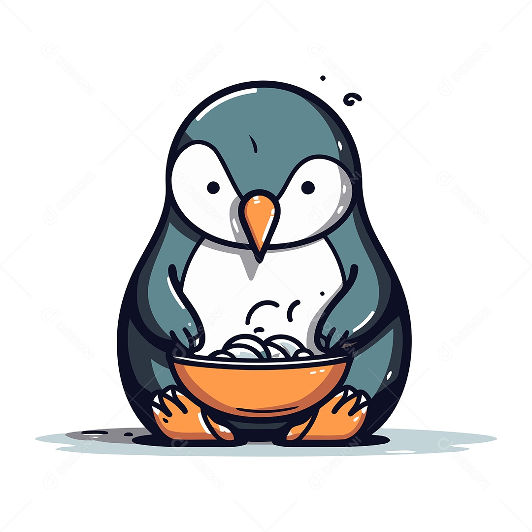 Pinguim Comendo em uma Tigela Ilustração Vetor EPS
