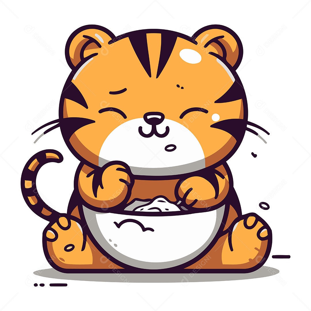 Tigre Fofo de Desenho Animado com uma Tigela Ilustração Vetor EPS