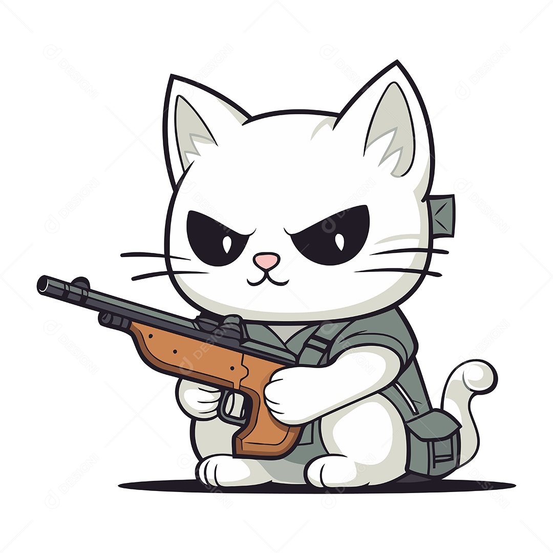 Gato Branco Segurando uma Arma Ilustração Vetor EPS