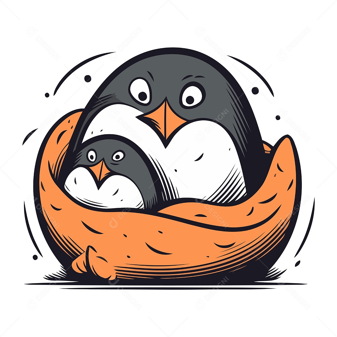 Pinguim e Filhote em um Ninho Ilustração Vetor EPS