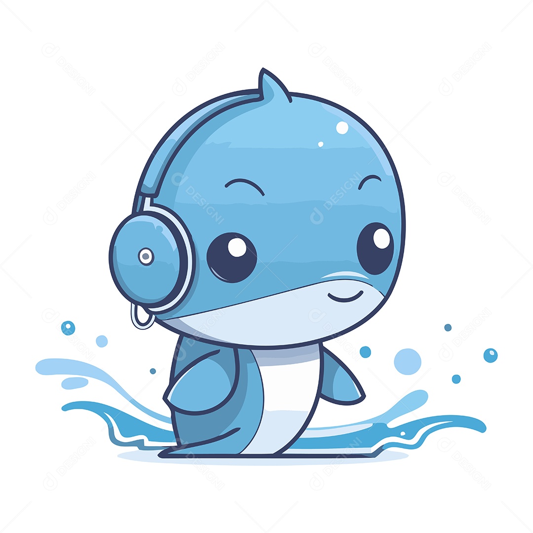 Golfinho Fofo com Fone de Ouvido Ilustração Vetor EPS