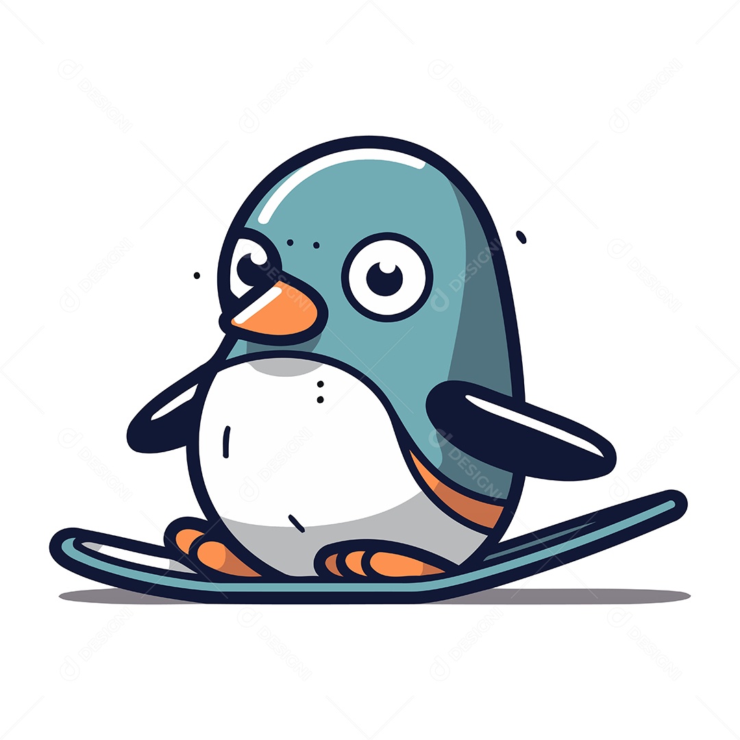 Pinguim Fofo de Desenho Animado Sentado em Esquis Ilustração Vetor EPS