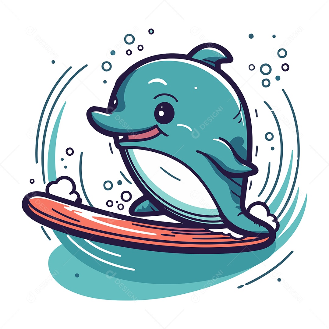 Golfinho Surfando em uma Prancha de Surfe Ilustração Vetor EPS