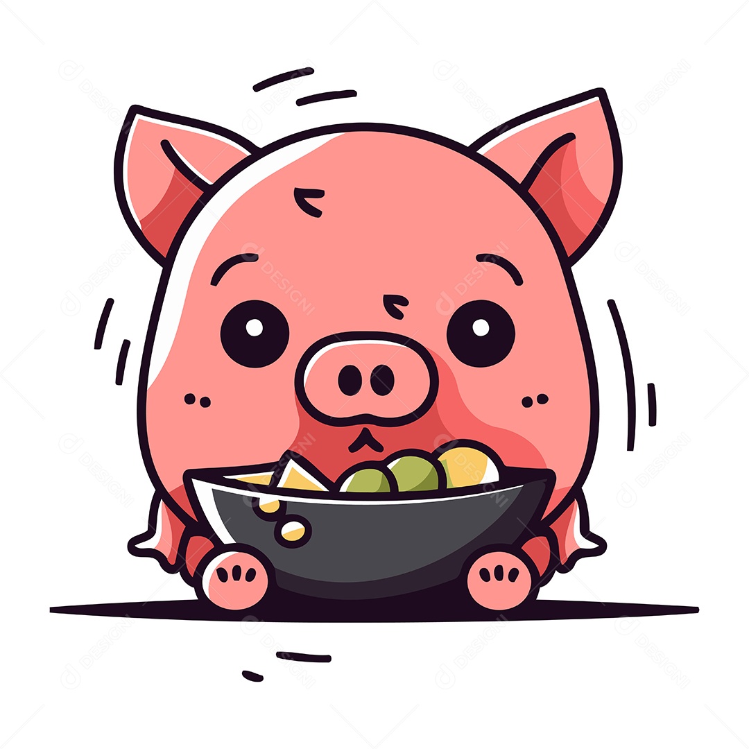 Porco de Desenho Animado com Tigela de Comida Ilustração Vetor EPS