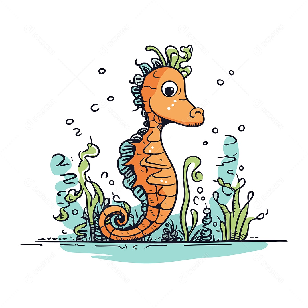 Cavalo Marinho Fofo de Desenho Animado Ilustração Vetor EPS