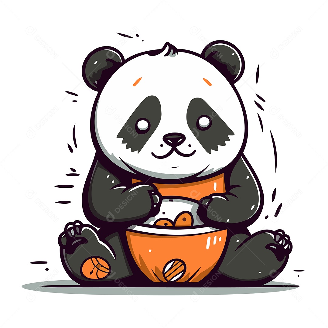 Urso Panda Fofo com uma Tigela de Comida Ilustração Vetor EPS