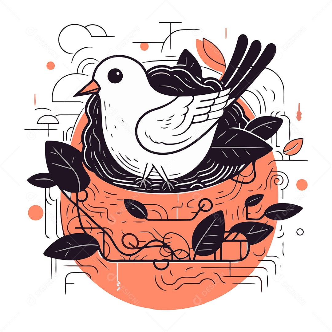 Pombo Sentado em um Ninho de Folhas Ilustração Vetor EPS