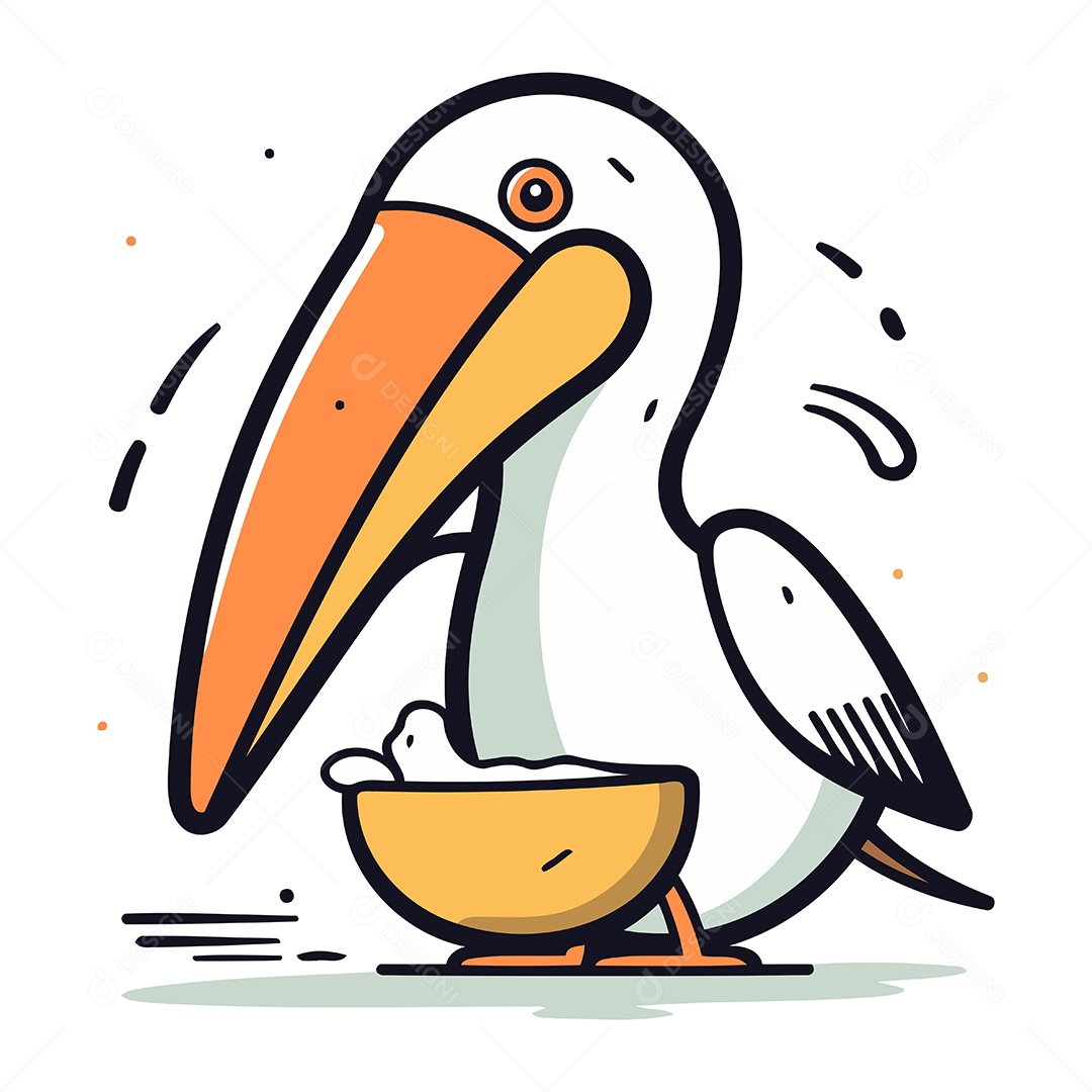 Pelicano de Desenho Animado com Tigela Ilustração Vetor EPS