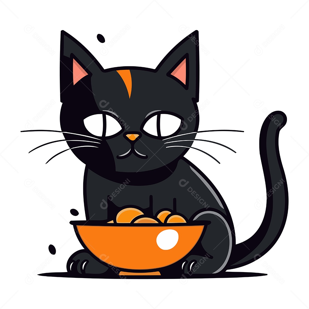 Gato Preto Fofo e Tigela Ilustração Vetor EPS