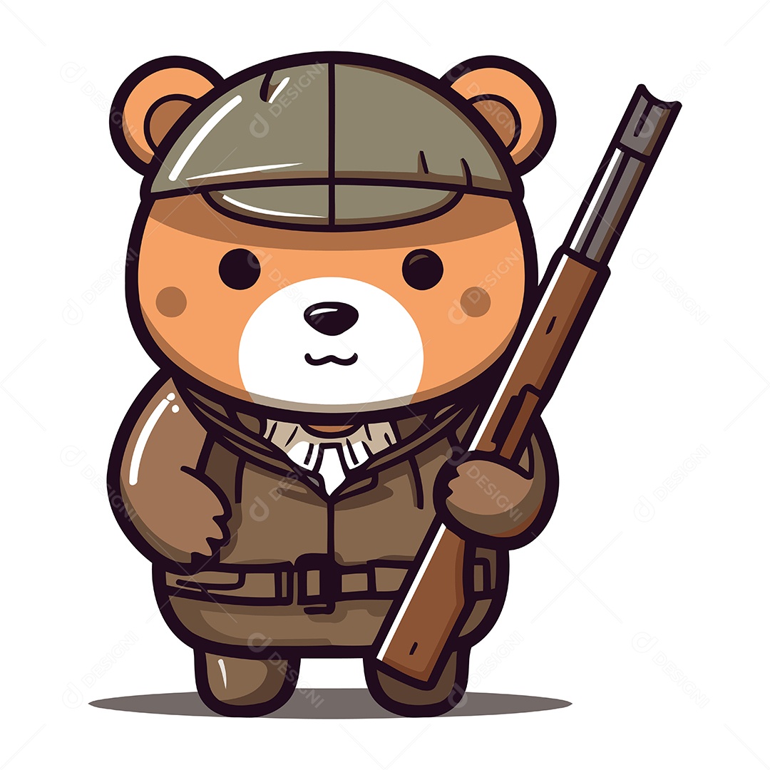 Urso Fofo em Traje de Safári com um Rifle Ilustração Vetor EPS