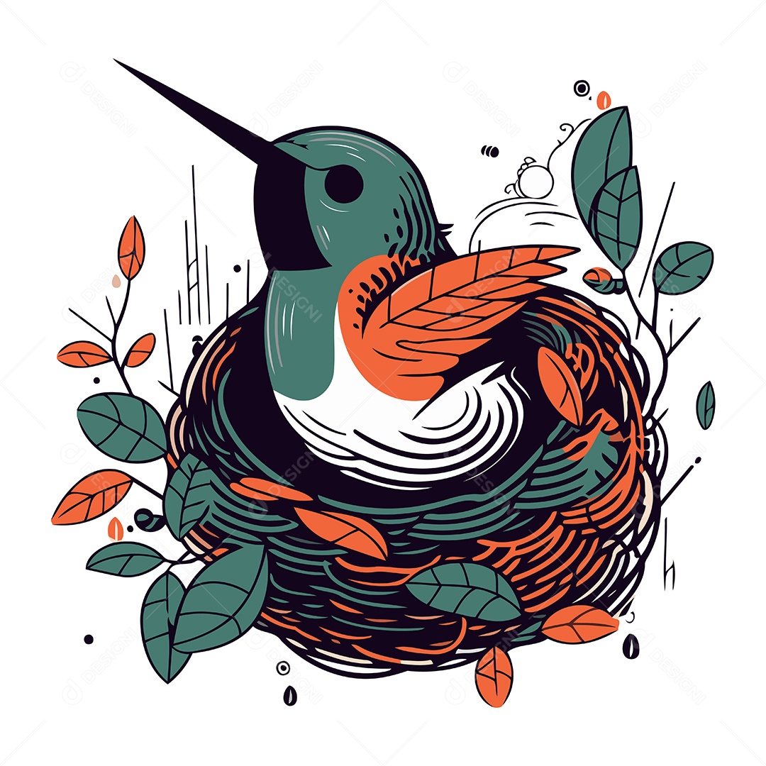 Beija Flor de Desenho Animado em um Ninho Ilustração Vetor EPS