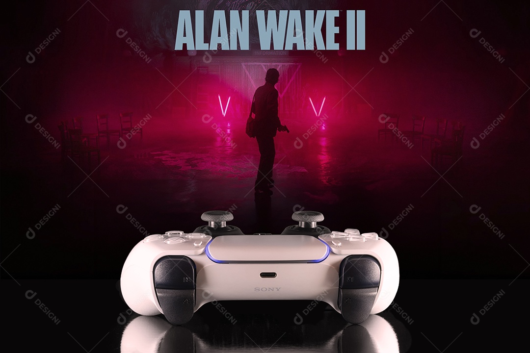 Controlador Playstation 5 com tela de Alan Wake 2