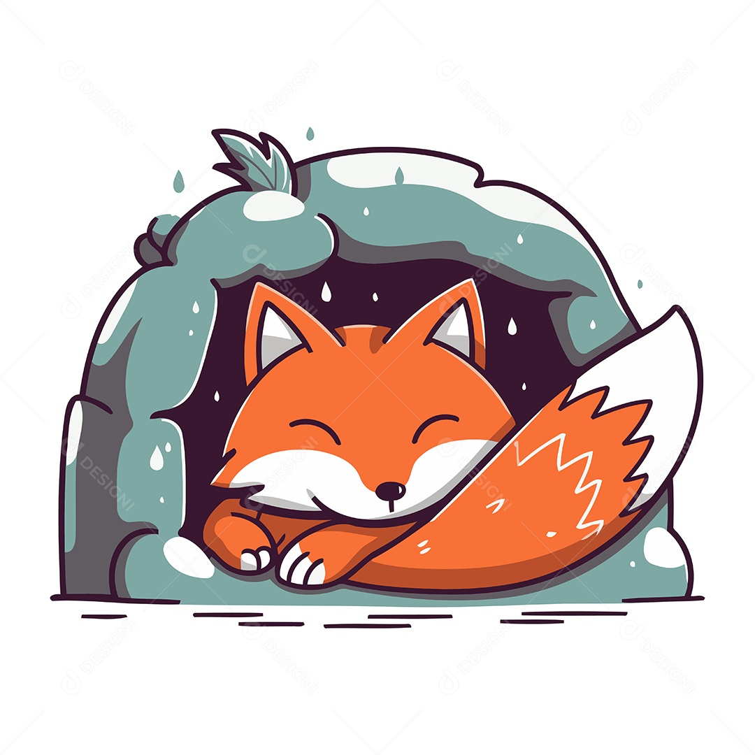 Raposa Fofa Dormindo na Caverna Ilustração Vetor EPS