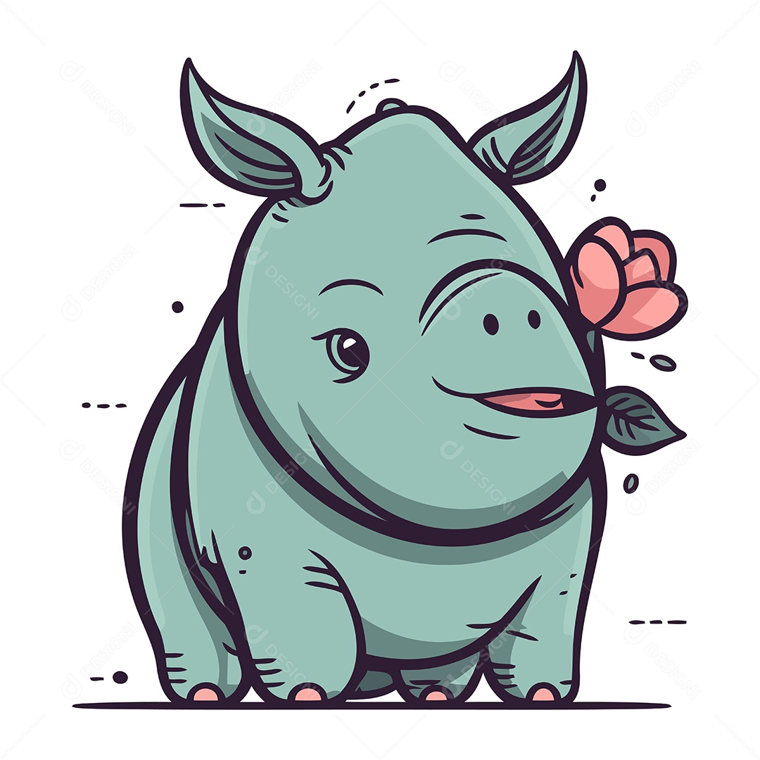 Rinoceronte de Desenho Animado com Flor Ilustração Vetor EPS
