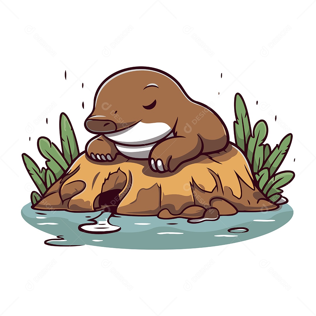 Lontra Fofa Sentada em uma Pedra Ilustração Vetor EPS