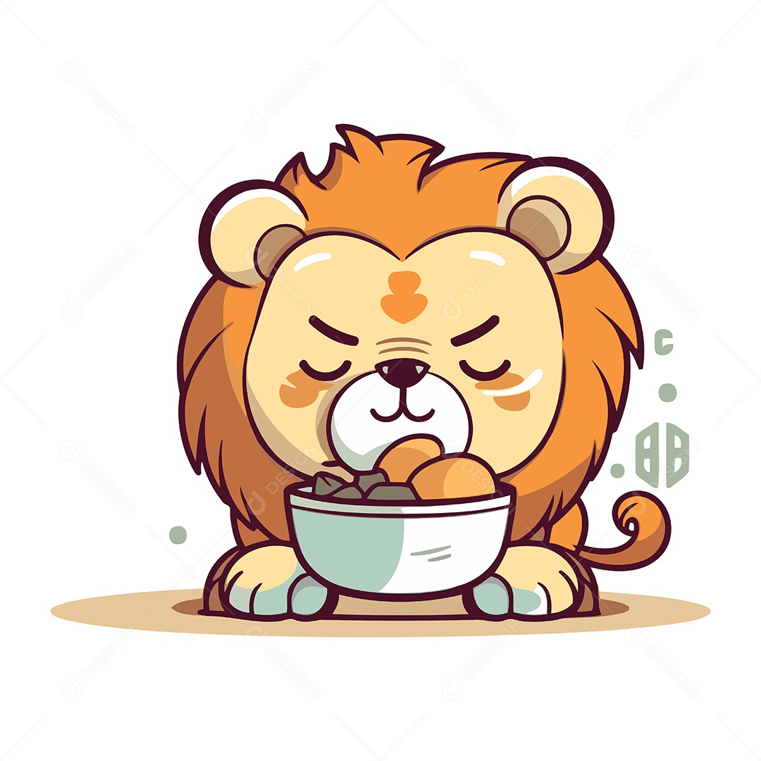 Leão Comendo uma Tigela de Comida Ilustração Vetor EPS