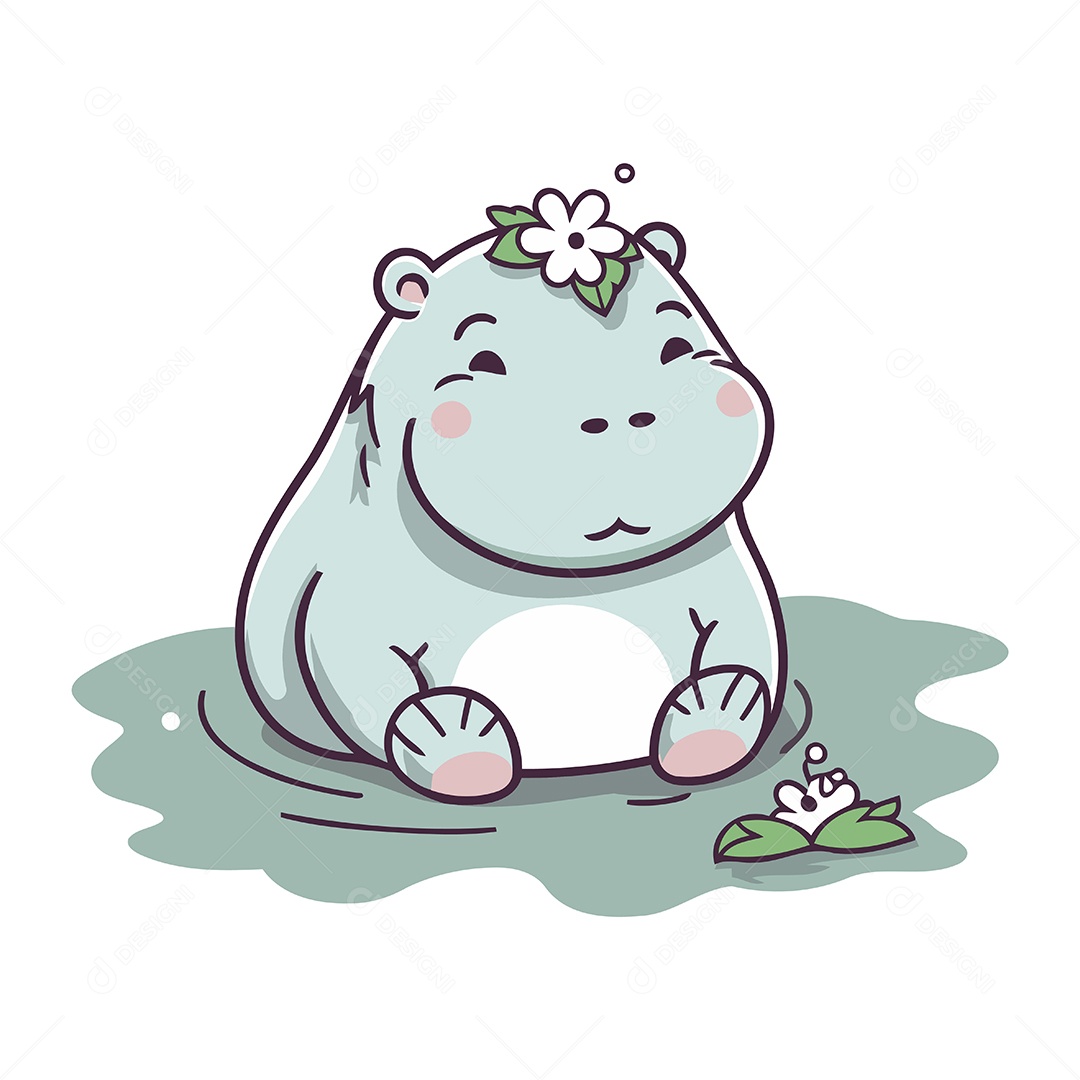 Hipopótamo Fofo com Flor Ilustração Vetor EPS