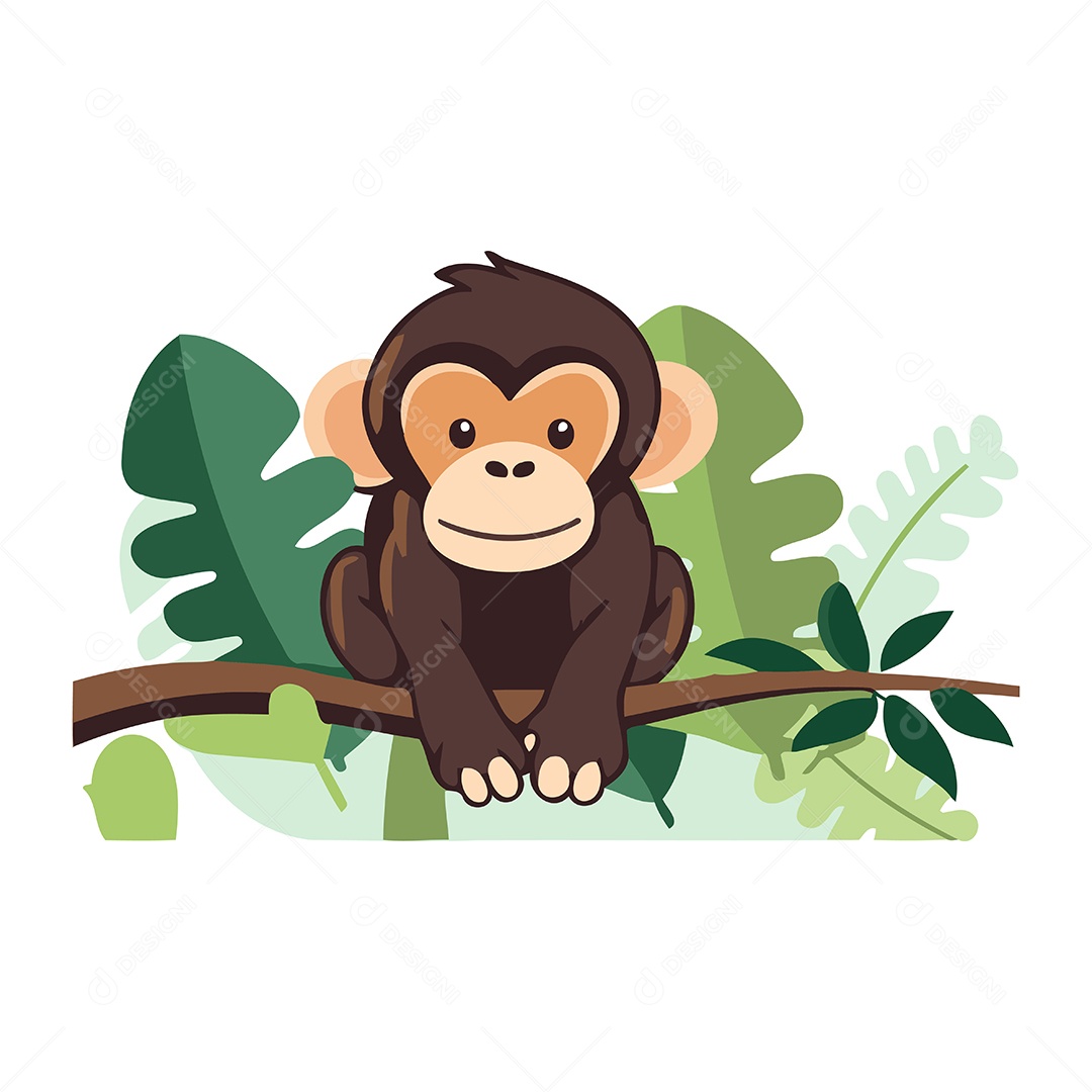 Macaco Fofo Sentado em um Galho de Árvore Ilustração Vetor EPS