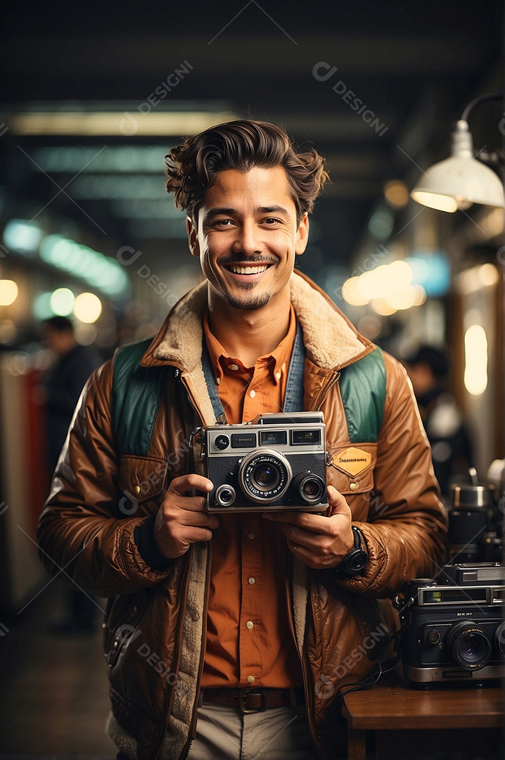 Garoto com roupas vintage segurando dispositivos retrô e sorrindo