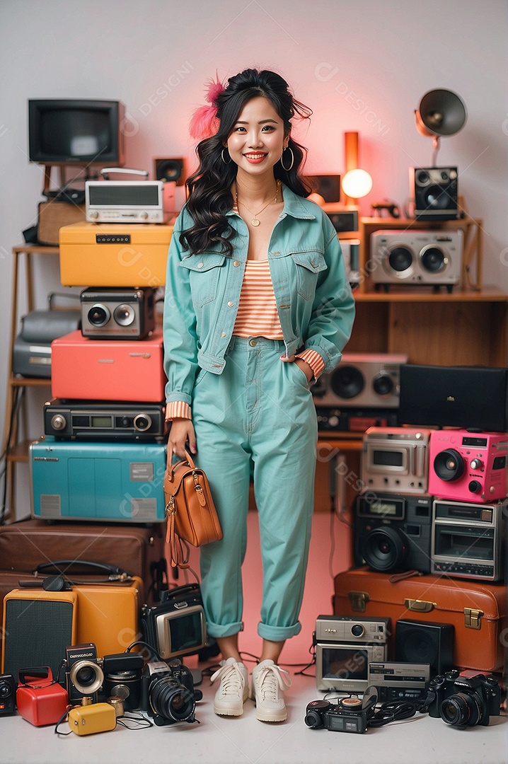 Garota com roupas vintage segurando dispositivos retrô e sorrindo