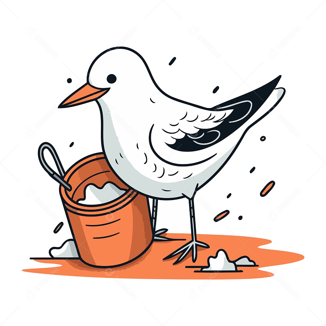 Gaivota e Balde de Desenho Animado Ilustração Vetor EPS