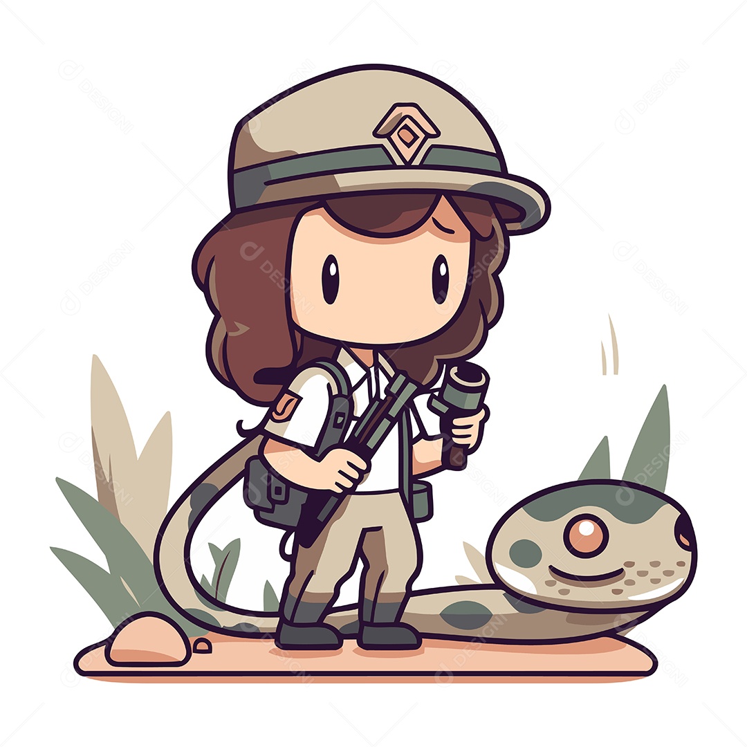 Detetive Fofo de Desenho Animado com Cobra Ilustração Vetor EPS