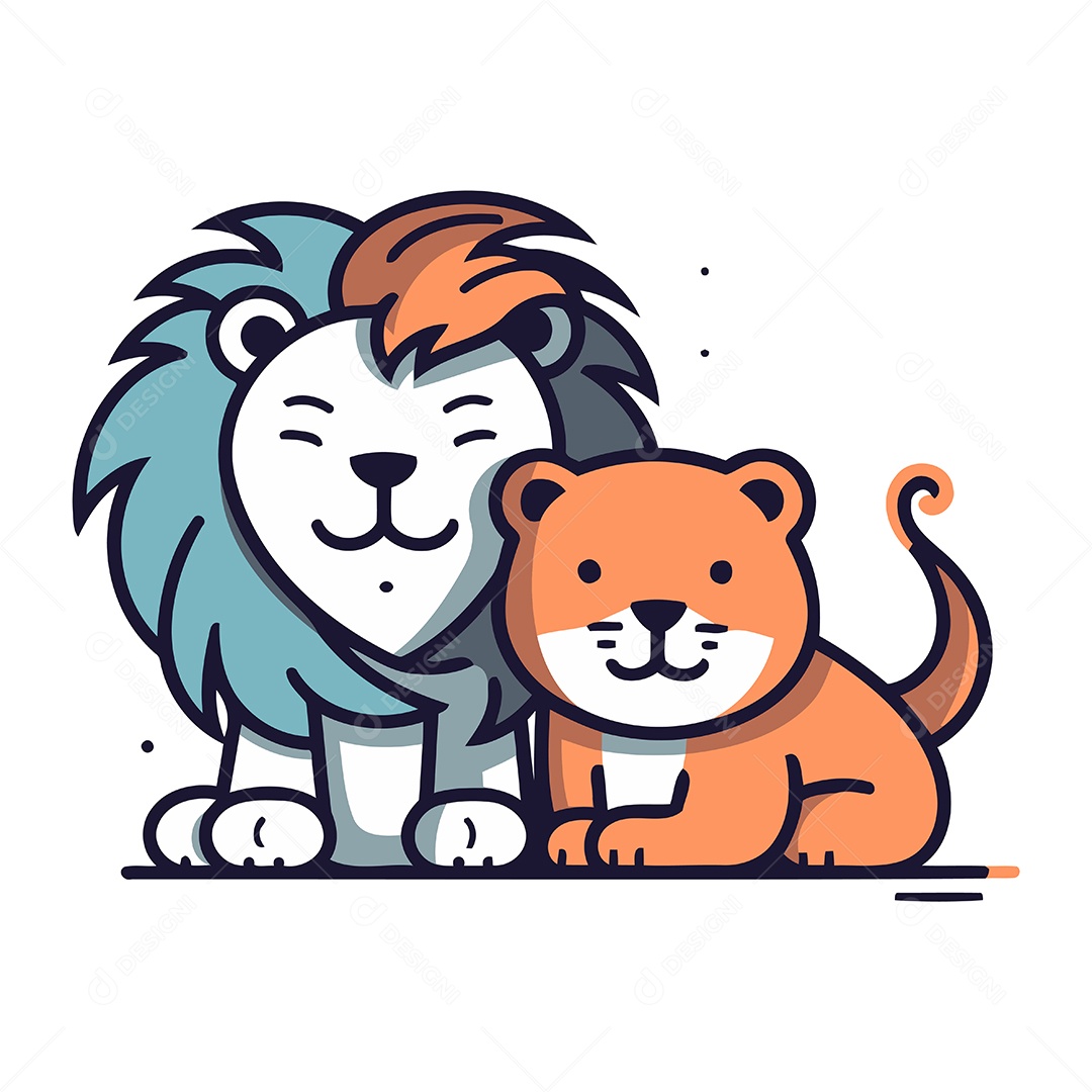 Leão e Leoa de Desenho Animado Ilustração Vetor EPS