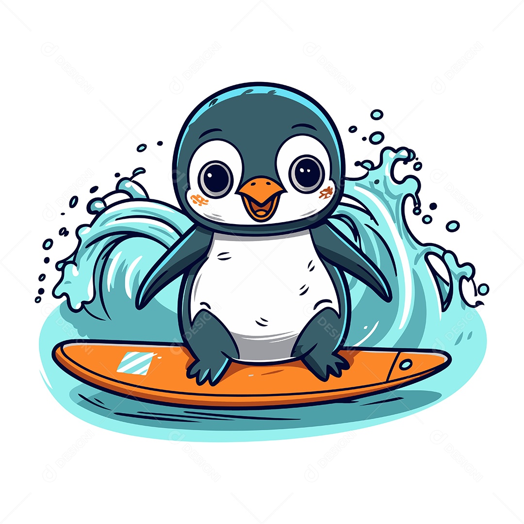 Pinguim Fofo com Prancha de Surfe Ilustração Vetor EPS