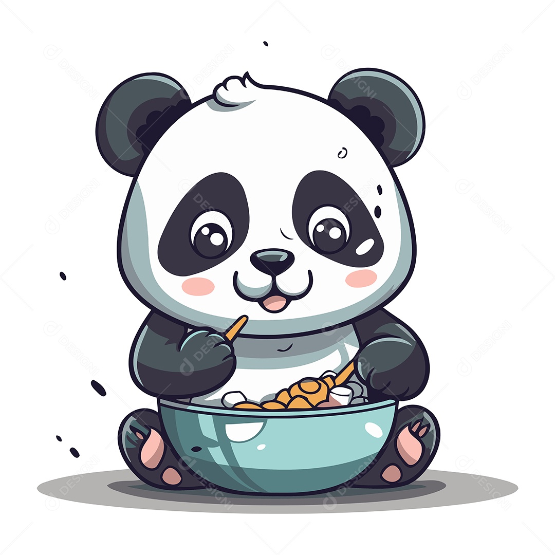 Panda Fofo de Desenho Animado com uma Tigela Ilustração Vetor EPS