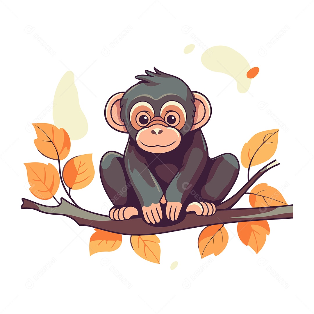Chimpanzé Sentado em um Galho com Folhas Ilustração Vetor EPS