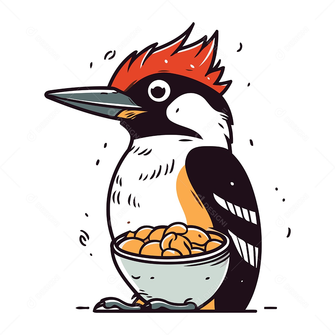Pica Pau Fofo e Tigela de Comida Ilustração Vetor EPS