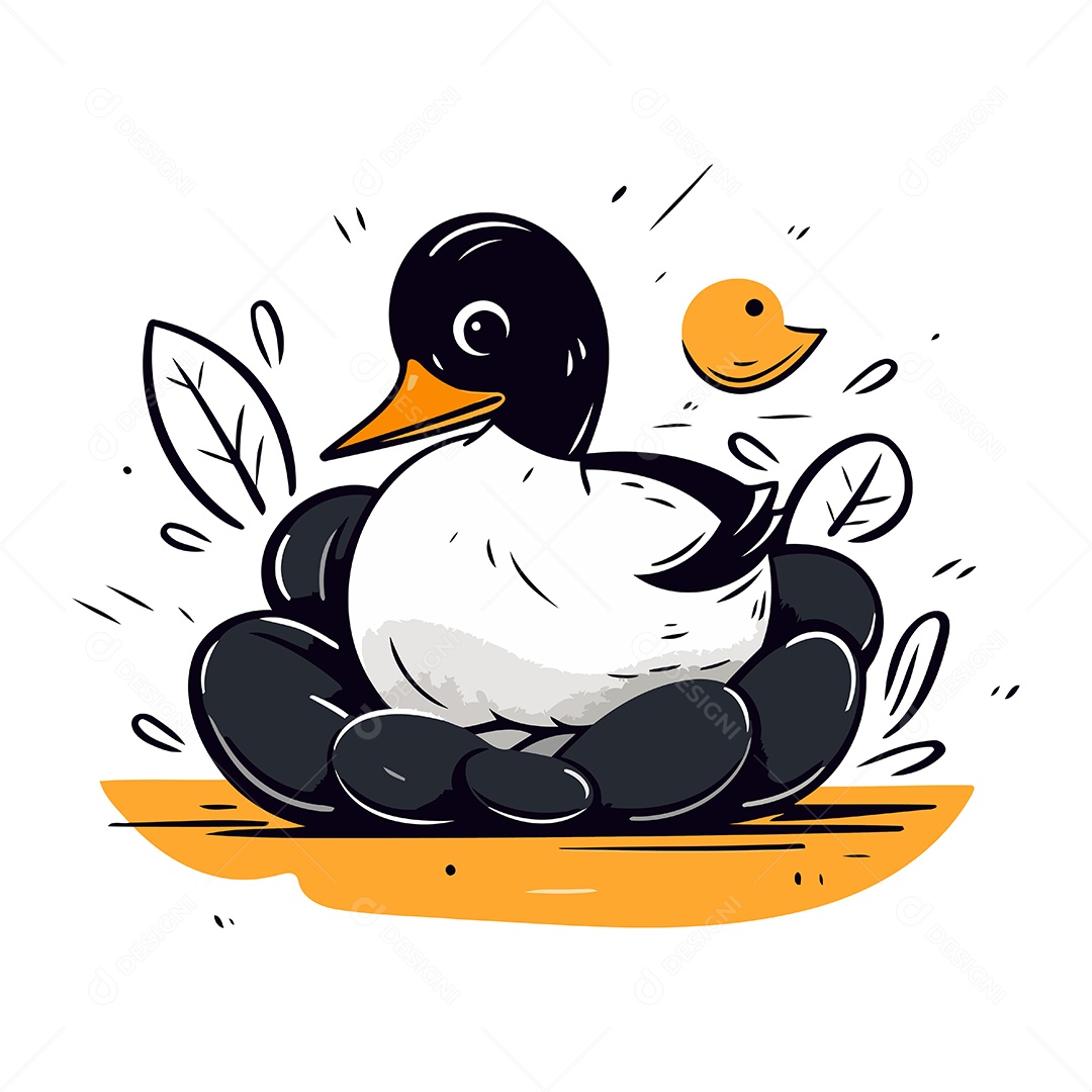 Pato Fofo Sentado em um Ninho Ilustração Vetor EPS