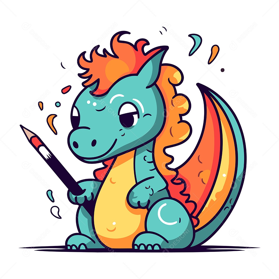 Dragão de Desenho Animado com Lápis Ilustração Vetor EPS