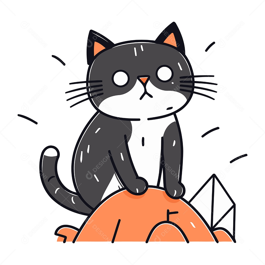 Gato Fofo de Desenho Animado na Pedra Ilustração Vetor EPS
