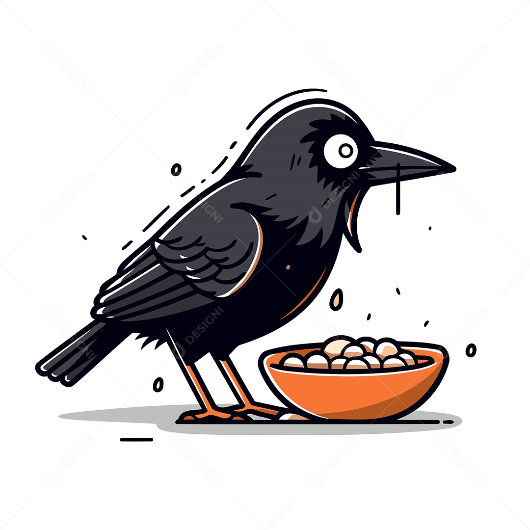 Corvo e Tigela de Ração Seca Ilustração Vetor EPS