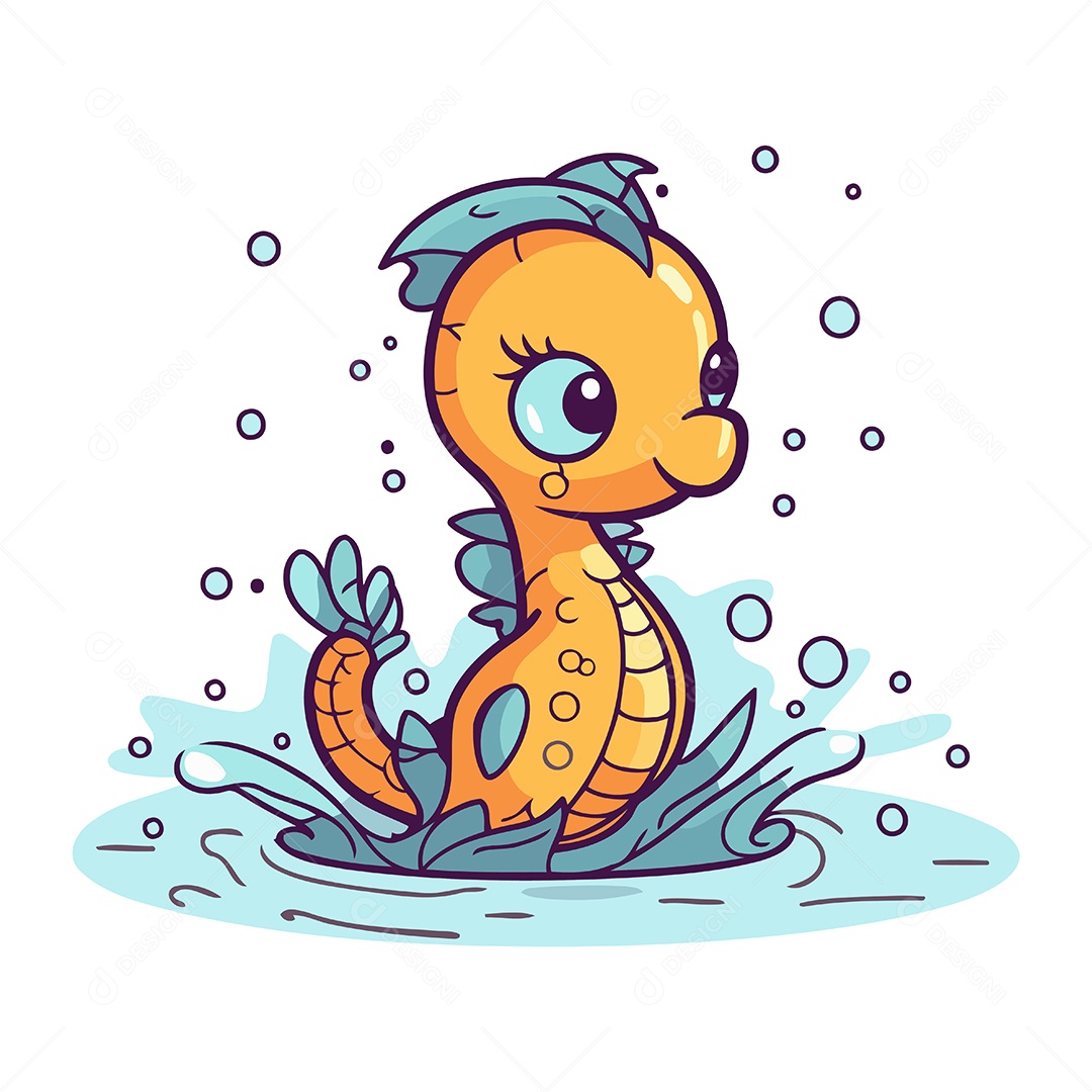 Cavalo Marinho Fofo de Desenho Animado Ilustração Vetor EPS