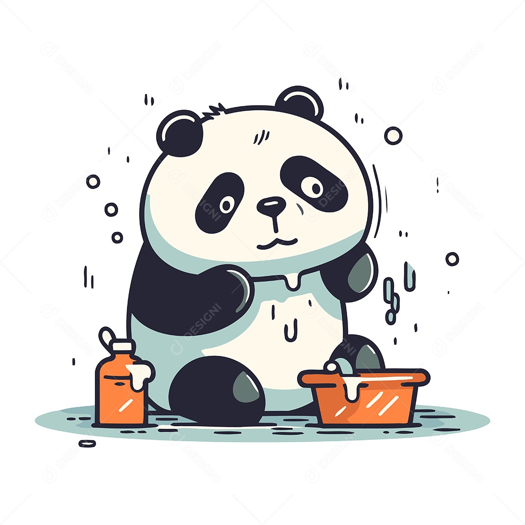 Panda com um Balde de Água e Sabão Ilustração Vetor EPS