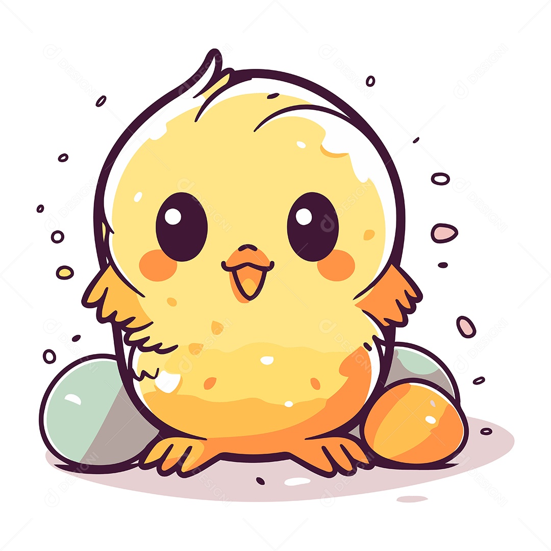 Pintinho Fofo de Desenho Animado com Ovos Ilustração Vetor EPS