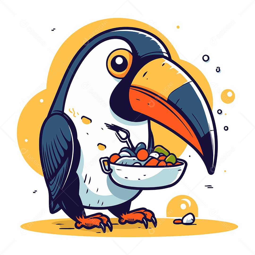 Tucano Fofo com Tigela de Comida Ilustração Vetor EPS
