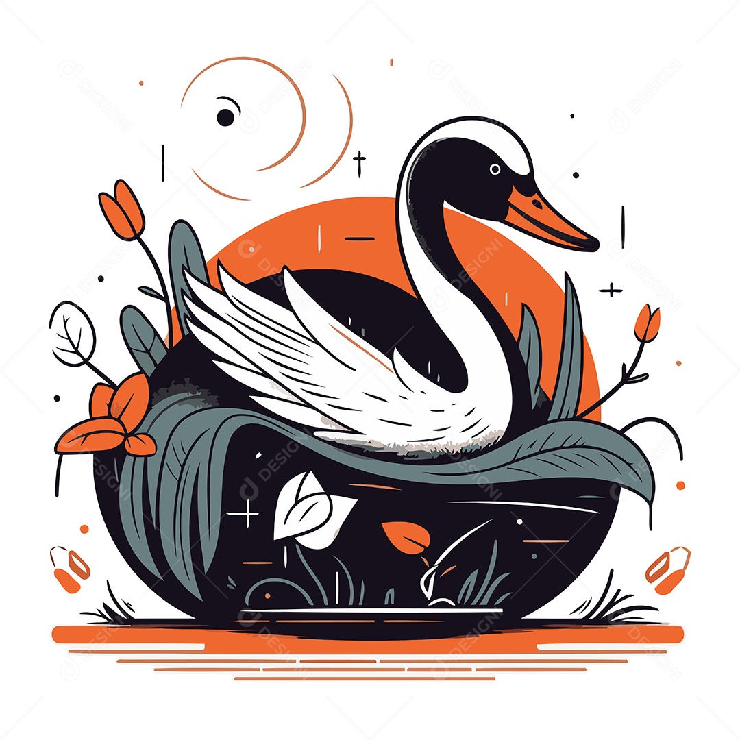 Cisne em um Vaso com Flores e Plantas Ilustração Vetor EPS