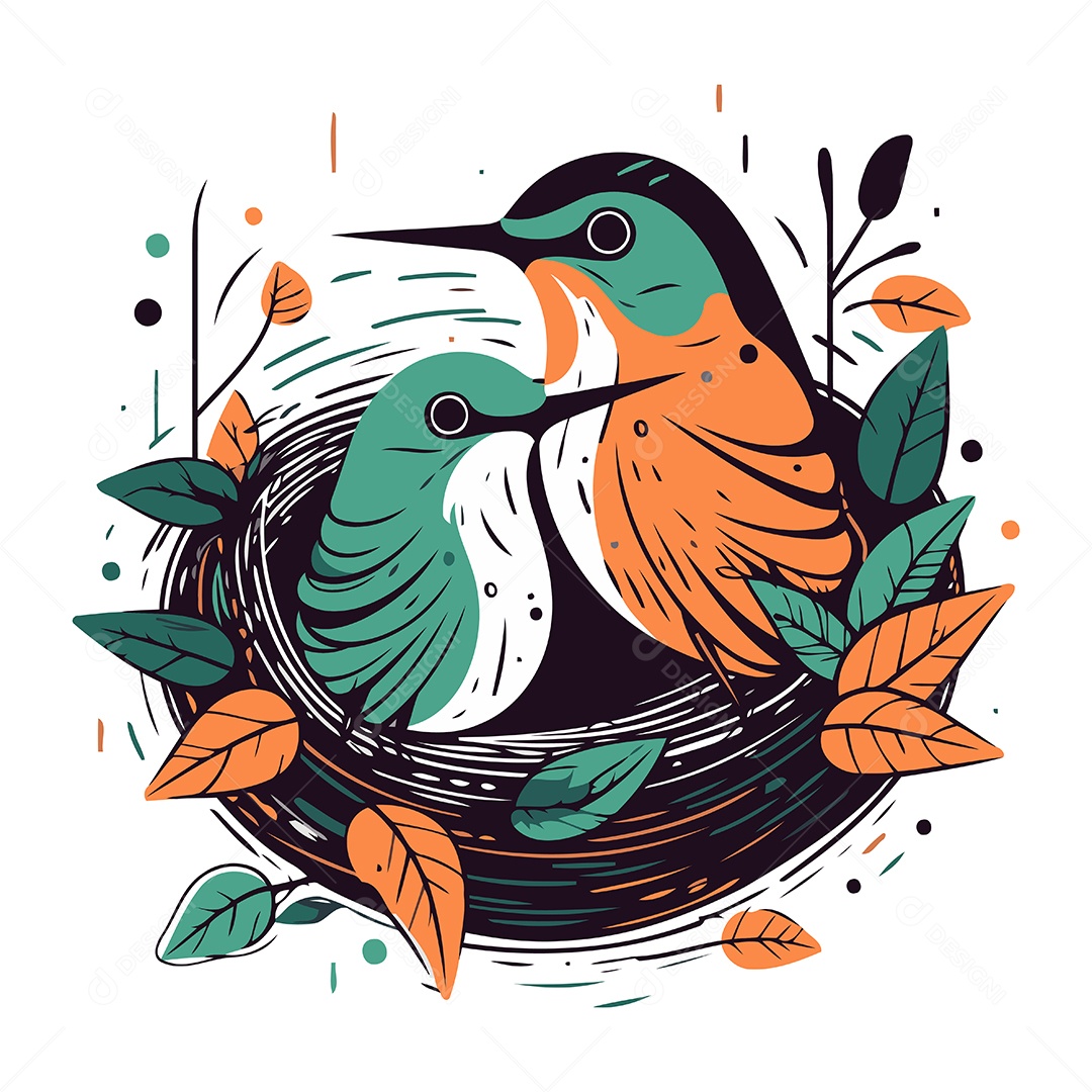 Pássaros de Desenho Animado em um Ninho com Folhas Ilustração Vetor EPS