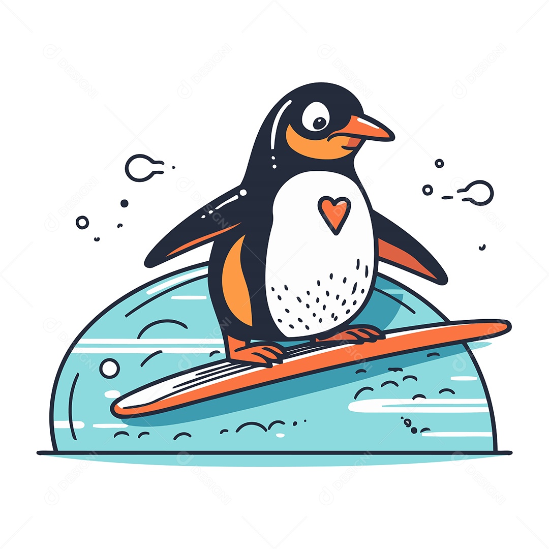 Pinguim Fofo com uma Prancha de Surfe Ilustração Vetor EPS