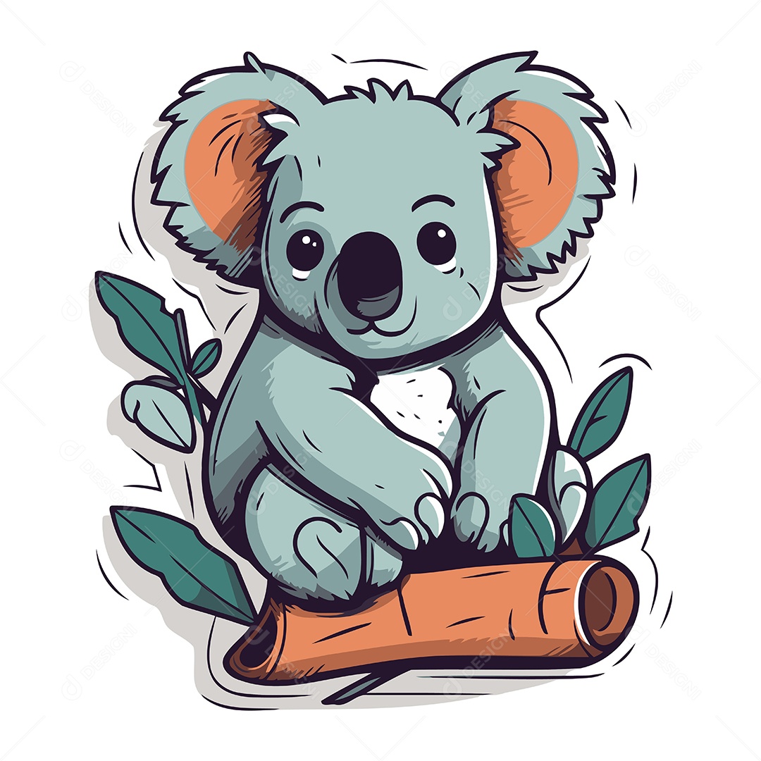 Coala Fofo com Galho de Eucalipto Ilustração Vetor EPS