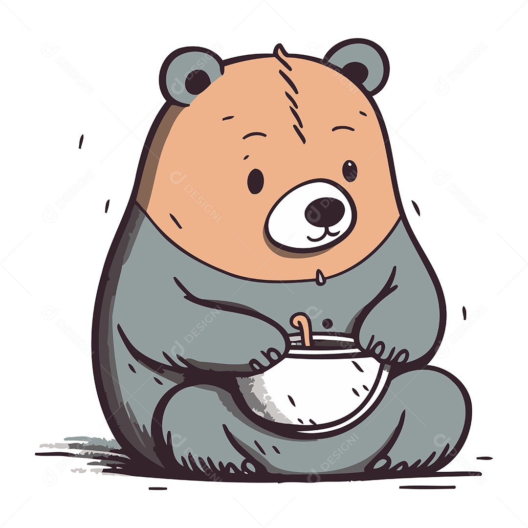 Urso Fofo de Desenho Animado com uma Tigela Ilustração Vetor EPS