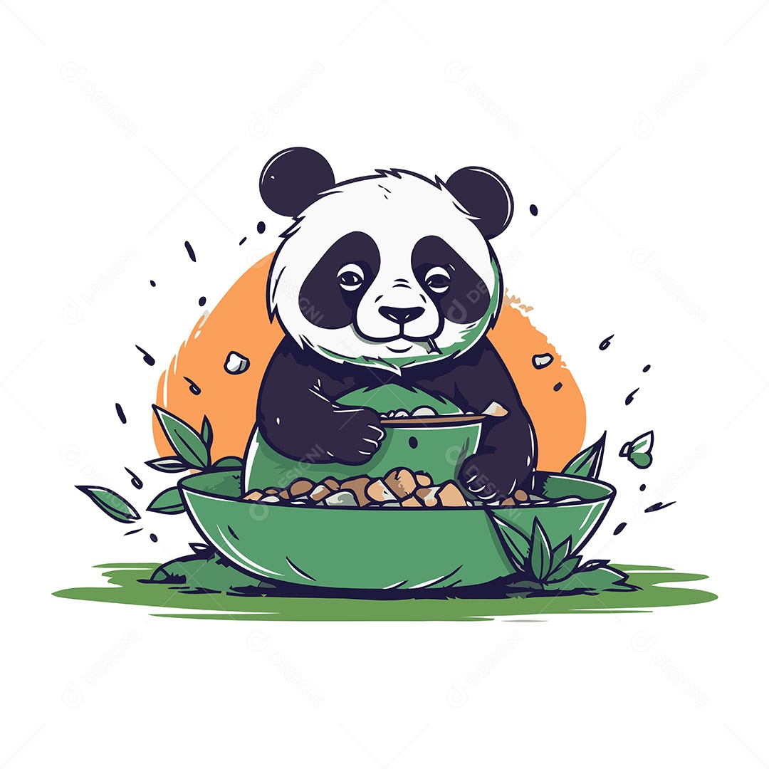 Panda Fofo Comendo Comida de uma Tigela Ilustração Vetor EPS