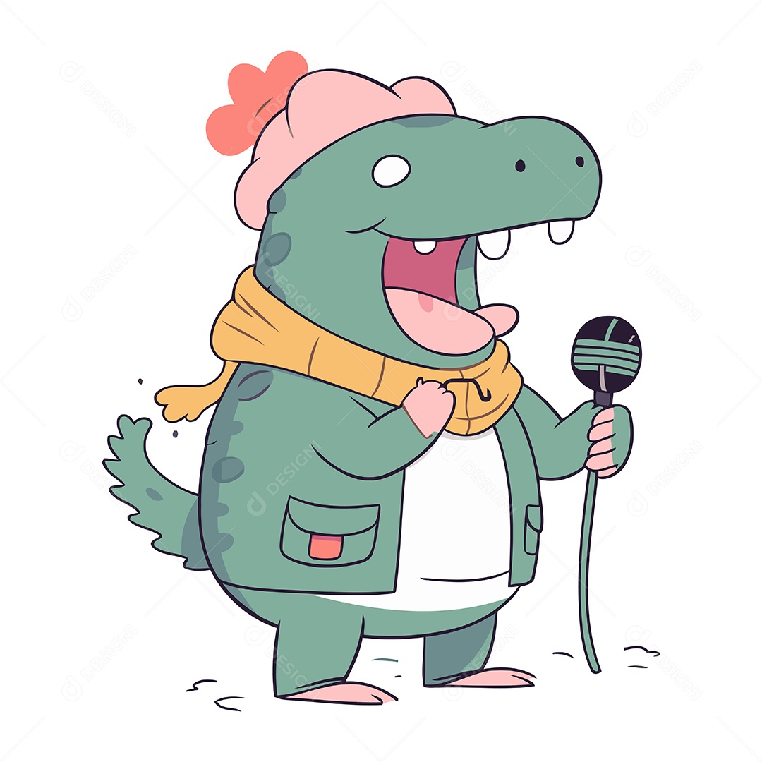 Crocodilo Fofo Cantando Karaokê Ilustração Vetor EPS