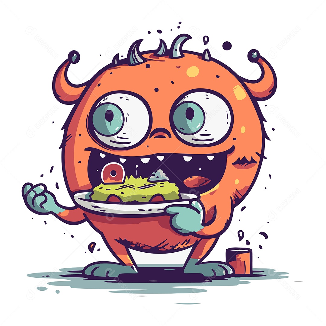 Monstro de Desenho Animado com um Prato de Comida Ilustração Vetor EPS