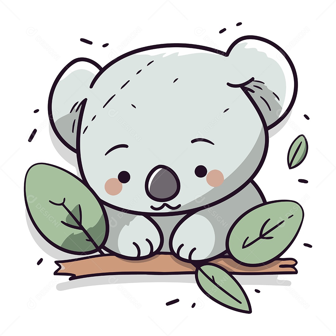 Coala Fofo em um Galho com Folhas Ilustração Vetor EPS