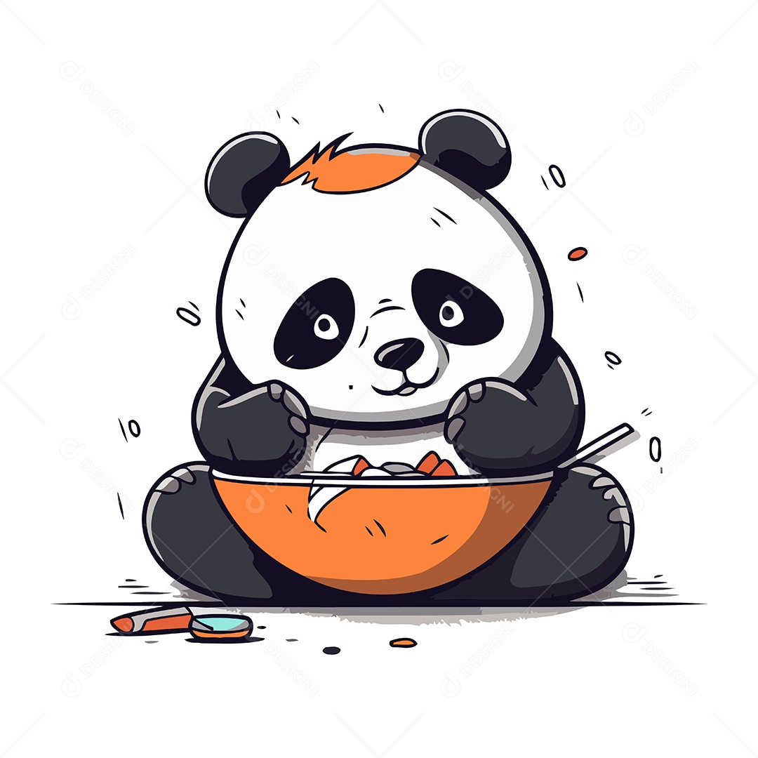 Panda Fofo com uma Tigela de Comida Ilustração Vetor EPS